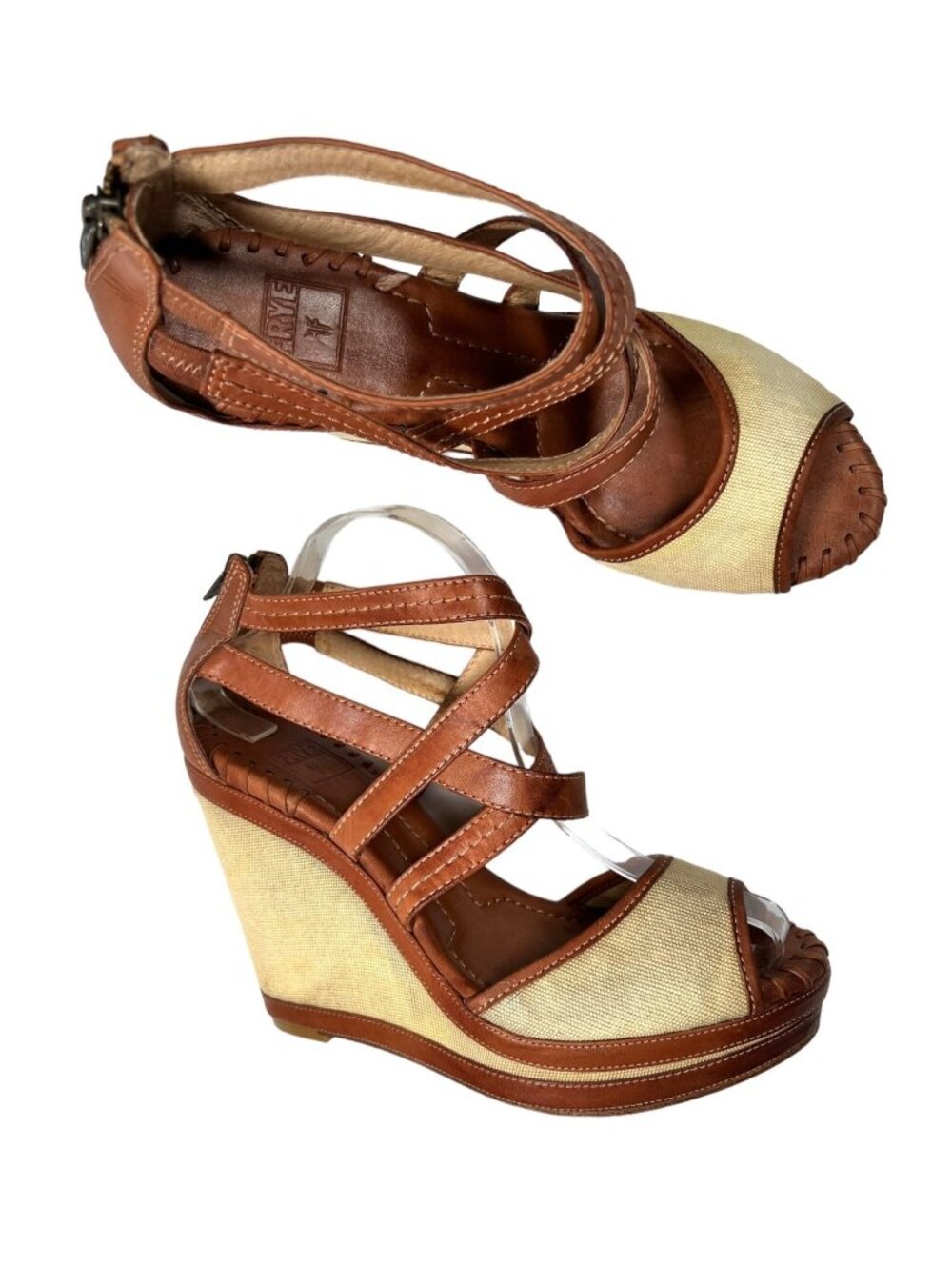 FRYE Corrina Wedge Sandals Tan Brown Leather Canvas Platform Heel 9.5